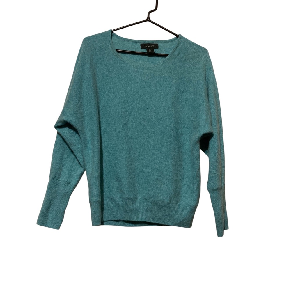 Tahari 100% Cashmere Sweater Teal Blue Dolman Sleeve Crew Neck Size M